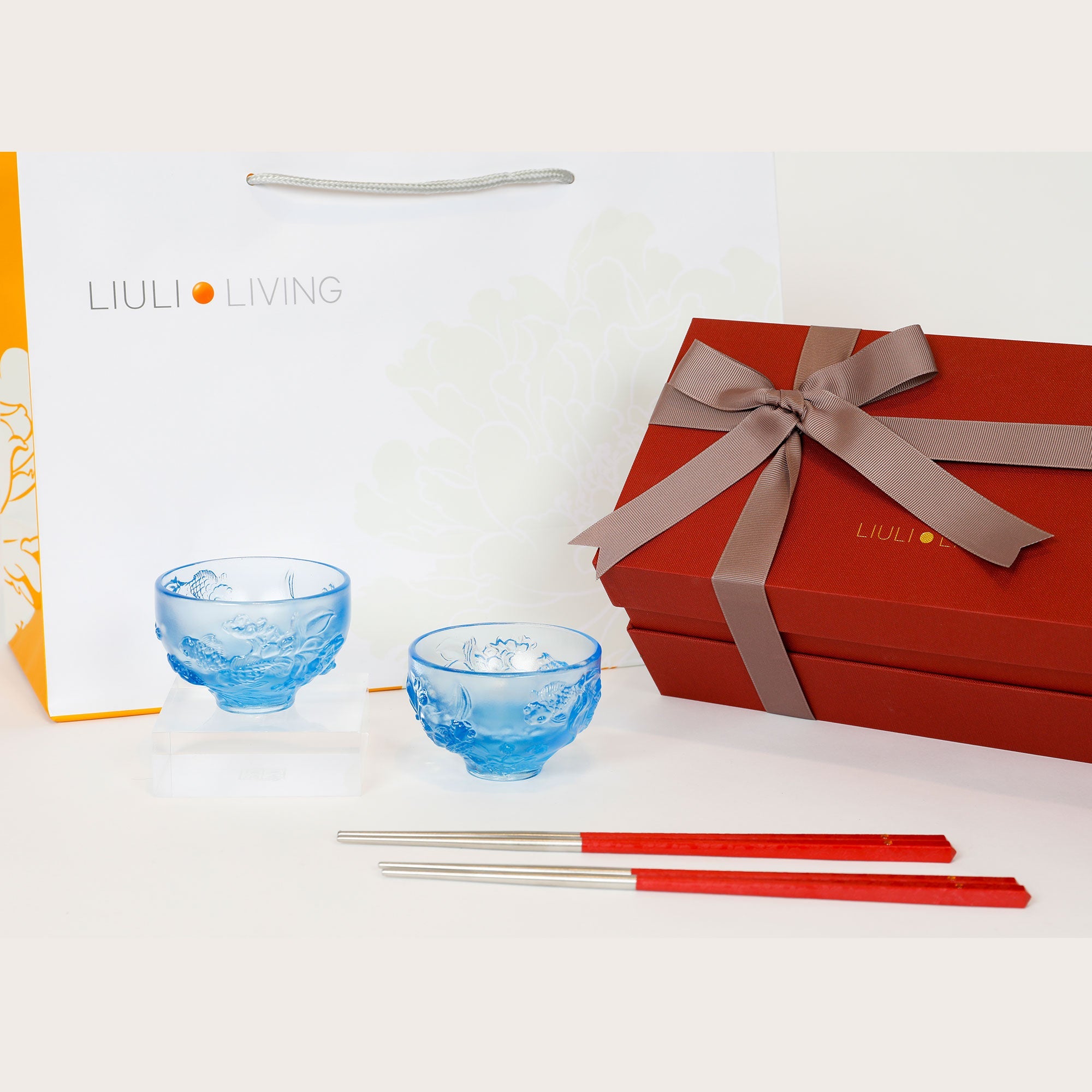 LIULI Crystal Goldfish Bowl, Peony Chopsticks Set, The Joy of Fish