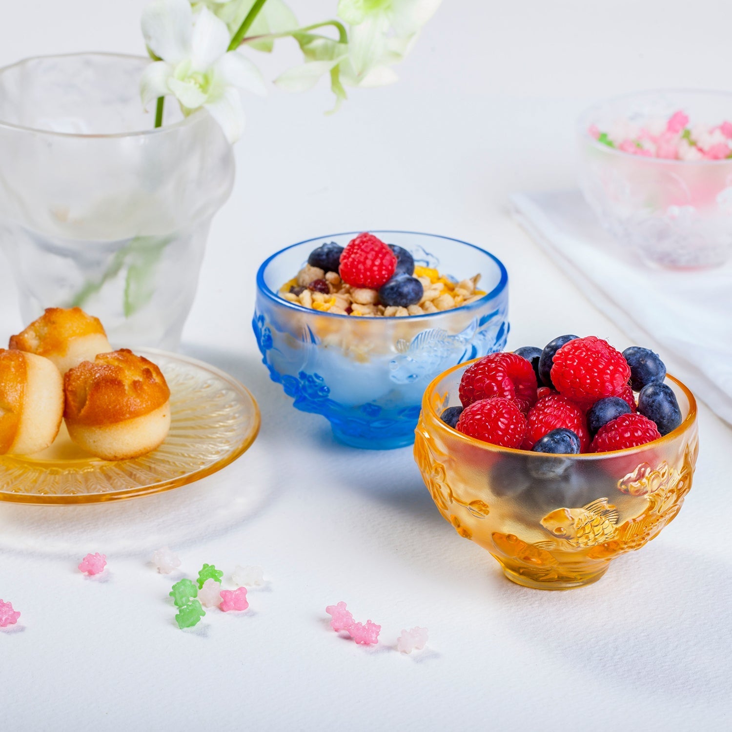 LIULI Crystal Goldfish Bowl, Peony Chopsticks Set, The Joy of Fish - LIULI Crystal Art