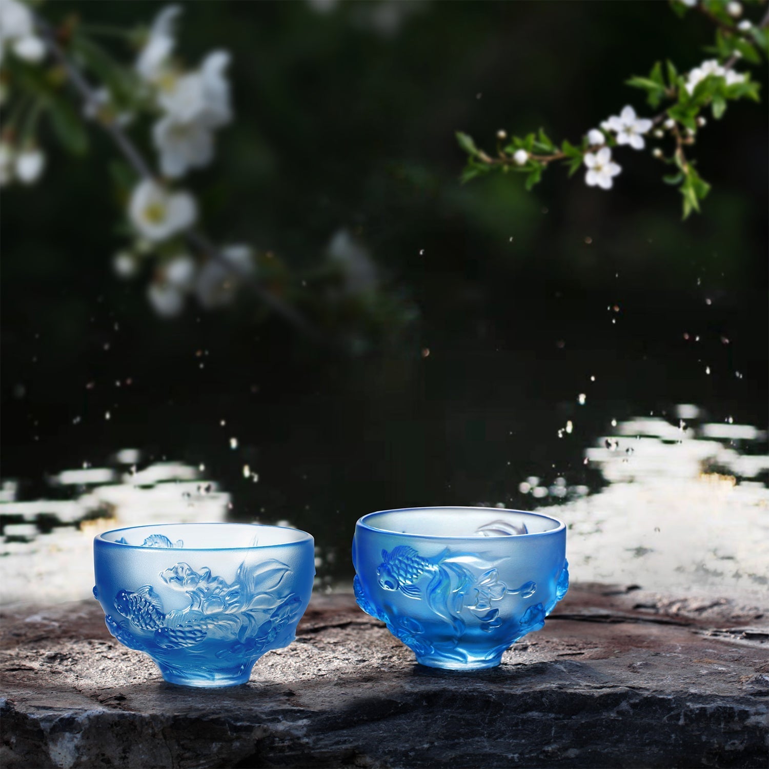 LIULI Crystal Goldfish Bowl, Peony Chopsticks Set, The Joy of Fish - LIULI Crystal Art