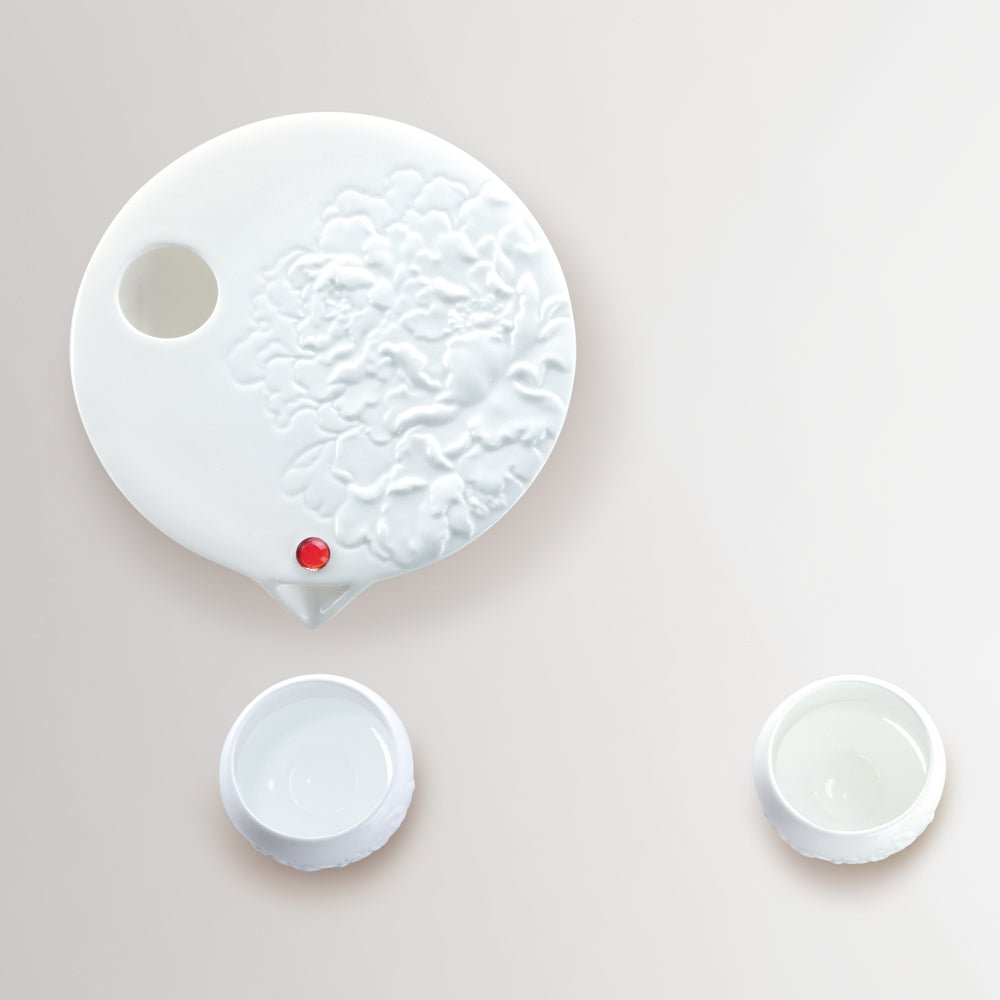 '-- DELETE -- Bone China Sake Set (1 Tea Pot & 2 Cups) - Moon Lake Peony (Set of 3) - LIULI Crystal Art