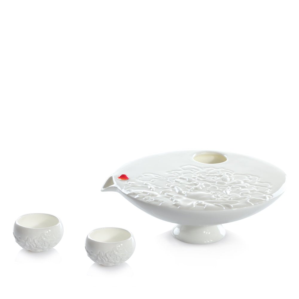'-- DELETE -- Bone China Sake Set (1 Tea Pot & 2 Cups) - Moon Lake Peony (Set of 3) - LIULI Crystal Art